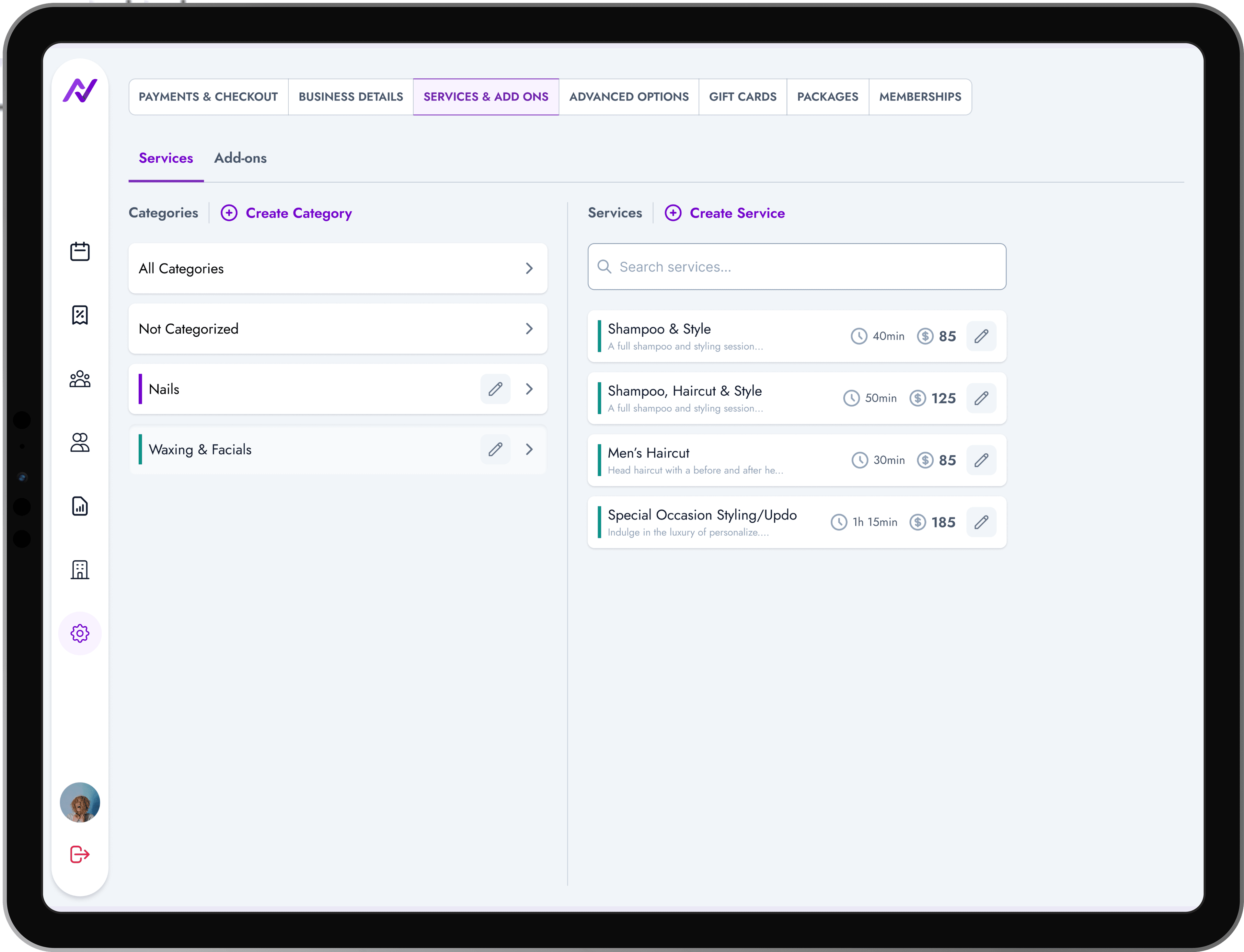 Narrua services management and business settings interface